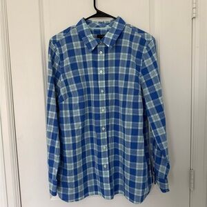 Talbots Blouse Womens Large Button Up Blue Plaid Long Sleeve Shirt 100% Cotton